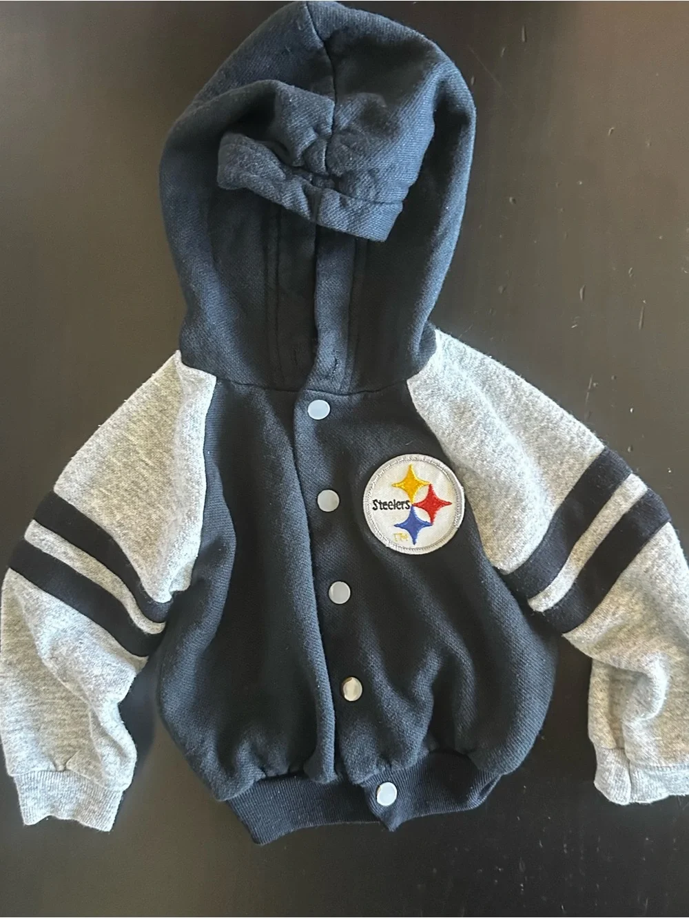 Vintage JOG TOG Pittsburgh Steelers Hooded Varsity Jacket. SZ.12 months.